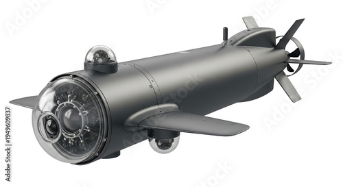 A sleek gray underwater drone with propellers and a clear dome on transparent background
