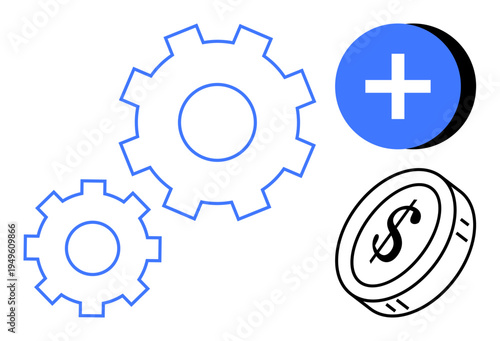 Financial growth concept. Gears, dollar coin, and plus symbol economic collaboration, profit generation, and strategic investment. For business, startups, economy marketing finance