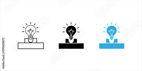 Minimal line icon set. of a glowing light bulb placed on a platform representing creative ideas, innovation, inspiration, and startup thinking concepts.