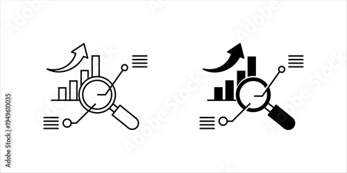Minimal line icon set. showing a magnifying glass analyzing a growing bar chart representing business analytics, market research, financial statistics, and business growth strategy.