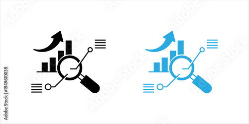 Minimal line icon set. showing a magnifying glass analyzing a growing bar chart representing business analytics, market research, financial statistics, and business growth strategy.