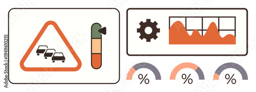 Transportation planning, traffic monitoring, data visualization, analytics, urban development, congestion analysis. Warning sign with cars, bar indicator gear graphs percentage markers. Traffic