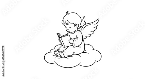 Cute Baby Angel Sitting on a Cloud and Reading a Book, Isolated White Background