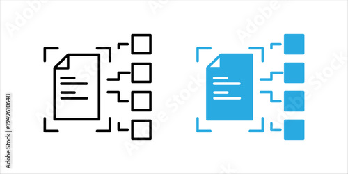 Minimal line icon showing a document connected to multiple data nodes representing document analysis, data extraction, and digital information processing. Suitable for concepts of document management,