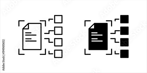 Minimal line icon showing a document connected to multiple data nodes representing document analysis, data extraction, and digital information processing. Suitable for concepts of document management,