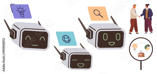 AI interaction, business technology, innovation, teamwork, machine learning, communication. Smiling robots with digital icons, humans shaking hands magnifying glass with icons. AI interaction