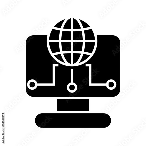 Minimal outline icon of computer monitor with globe and connected nodes representing global network, internet technology, digital communication, and data connectivity.