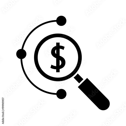 Minimal outline icon showing a magnifying glass analyzing a dollar symbol with circular connection nodes, representing financial research, investment analysis, and money tracking concepts.