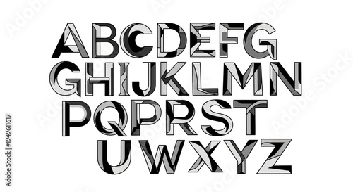 Playful Decorative English Alphabet Font, Uppercase Letters with Shadow Effect on an Isolated White Background.