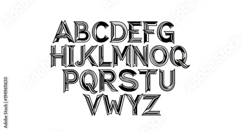 Bold Geometric English Alphabet Font, Uppercase Letters with 3D Effect on an Isolated White Background.