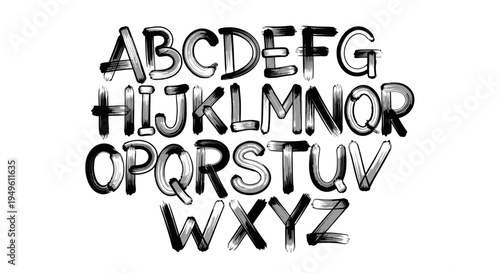Creative uppercase alphabet letters A-Z with a distinctive textured and layered brush stroke style on an isolated white background.