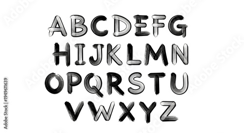 Artistic uppercase alphabet letters A-Z with a rough, textured, brush stroke effect on an isolated white background.