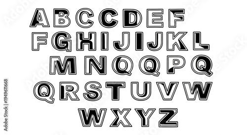 Bold outline uppercase alphabet letters A-Z with a rounded, cartoonish style on an isolated white background.