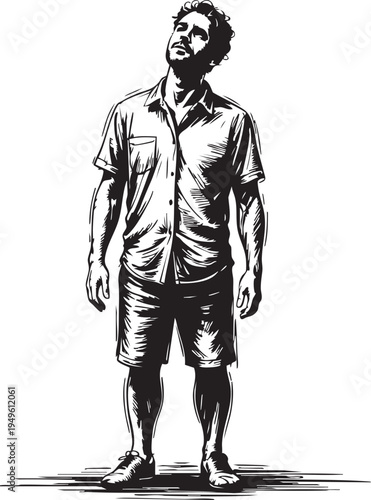 Man standing alone looking up with a thoughtful expression in a casual outfit on a plain background