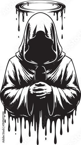 Hooded figure with halo and dripping black paint symbolizing contrast between good and evil spirituality and darkness