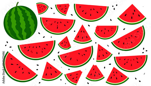 A collection of fresh whole watermelon and various sliced wedges with scattered black seeds Vector