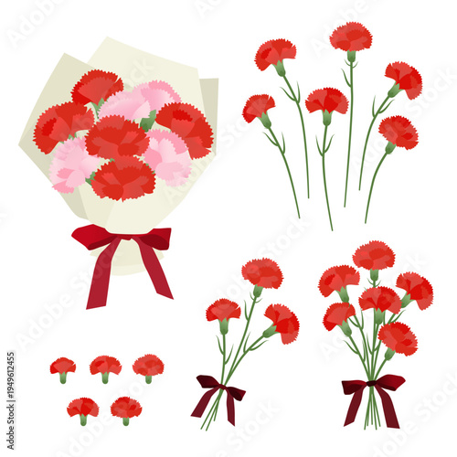 母の日の赤いカーネーションの花束ベクターイラストセット