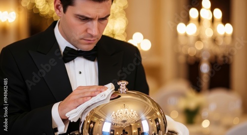 Professional waiter in a tuxedo wiping a polished silver cloche with a white cloth, ensuring impeccable service. Luxury catering concept.