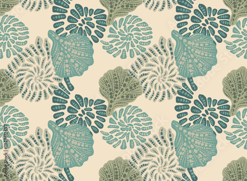 Seamless Ammonite Fossil Pattern, Marine Shells Background in Sage and Navy Blue. Ideal for home decor, high-end wallpaper, luxury packaging, and fabric design