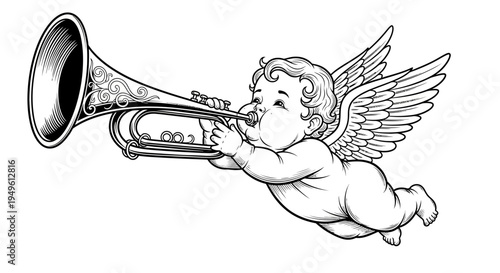Enthusiastic baby angel playing a trumpet with joyful expression, wings and halo on an isolated white background, cheerful and musical.