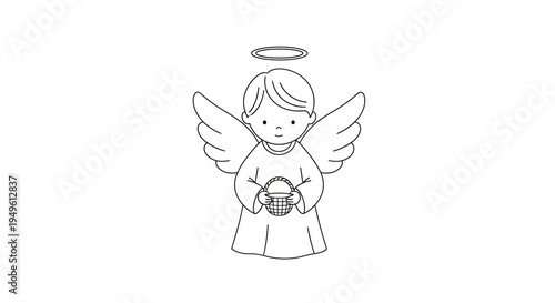 Sweet baby angel standing and holding a small basket with wings and halo on an isolated white background, gentle and innocent.