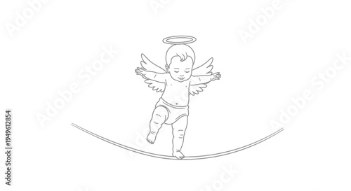 Graceful Baby Angel with Halo and Wings Balancing on Tightrope, Outline Drawing, Isolated White Background, Delicate and Determined