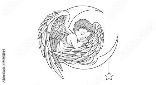 Peaceful Baby Angel Sleeping on Crescent Moon with Hanging Star, Outline Drawing, Isolated White Background, Serene and Innocent