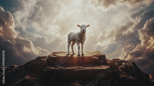 Small White Lamb Standing Alone on an Elevated Stone Platform in Supernatural Light