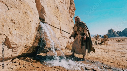 Lone Figure Striking a Desert Cliff Face with a Staff as Water Bursts from the Rock