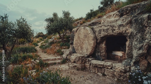 Exterior of a Cave Tomb at Dawn with the Massive Round Stone Rolled Aside