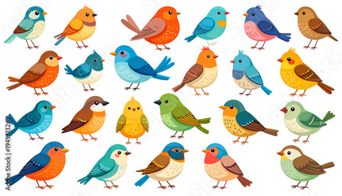 A collection of colorful songbirds featuring various species with bright plumage and distinct poses Vector