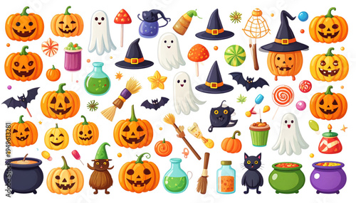 A collection of colorful halloween themed elements including pumpkins ghosts and witch accessories Vector