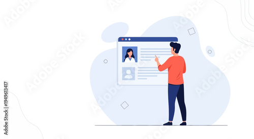 Man interacting with online profile on a digital screen, modern illustration