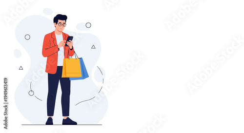 Man with shopping bags using smartphone, online shopping concept, modern lifestyle