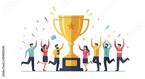 Group of diverse people celebrating success with a giant golden trophy.