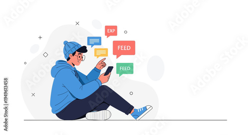 Young man using smartphone, social media feed and messages concept, flat illustration