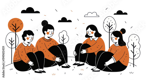 Group of four people sitting together in a casual outdoor setting.