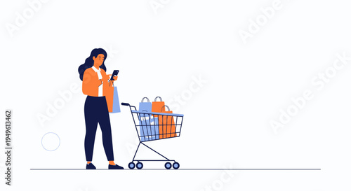 Woman with shopping cart and bags using smartphone, online shopping concept