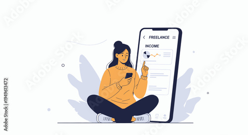 Freelancer checking income on smartphone app with financial charts