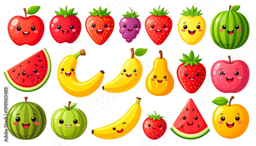 A collection of colorful and cute fruit characters with happy smiling faces in a cartoon style Vector