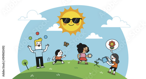Happy diverse children and adult playing outdoors under the sun.
