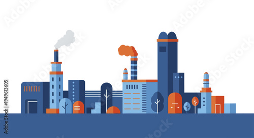 Modern Industrial Factory Buildings with Smokestacks and Pipes.
