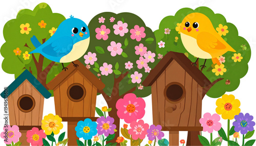 A blue and yellow bird perching on wooden nesting boxes surrounded by vibrant spring garden flowers Vector