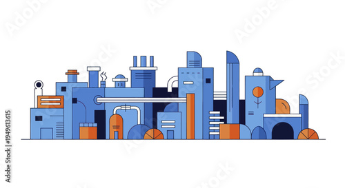 Modern Industrial Factory Complex with Blue and Orange Accents.