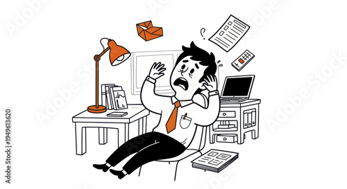 Overwhelmed Businessman Experiencing Stress and Anxiety at Work.