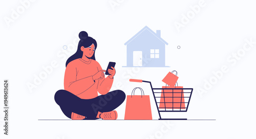 Woman shopping online at home with phone, shopping cart, bags and house icon
