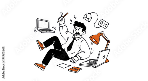Overwhelmed businessman juggling multiple tasks and feeling stressed.