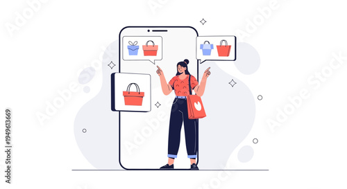 Woman Shopping Online on Smartphone with Shopping Bags and Cart Icons