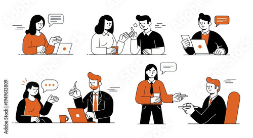 Set of six illustrations depicting various business interactions and communication scenarios.