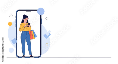 Woman Shopping Online via Smartphone, E-commerce Concept, Digital Lifestyle